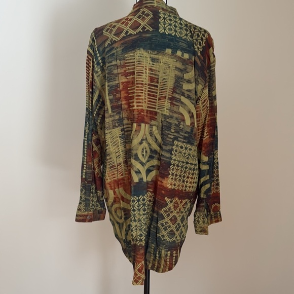 Zion Long Sleeve Tunic Button Down Shirt Blouse Jacket Abstract Brown L - Picture 3 of 6